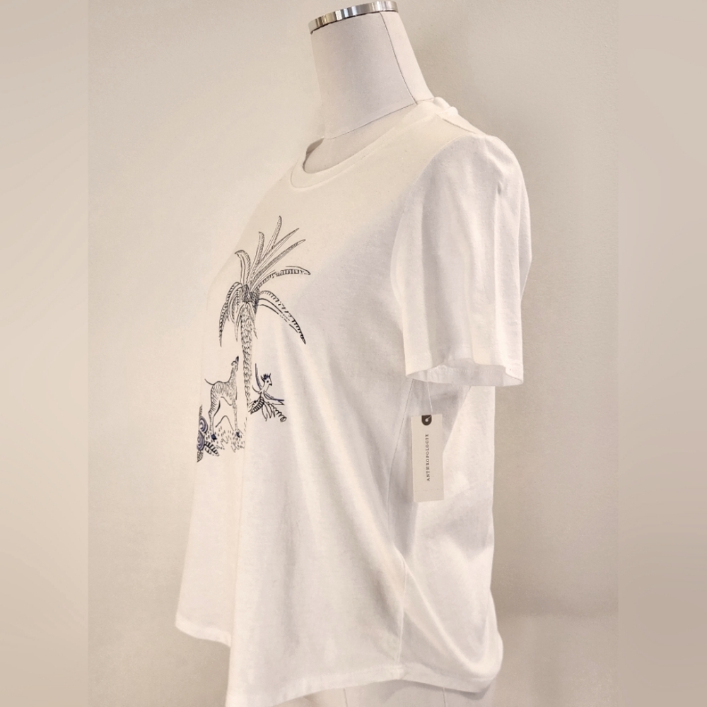 NWT || ANTHROPOLOGIE || Zebra Palm Tree graphic T, white/blue, sz S - Picture 4 of 7